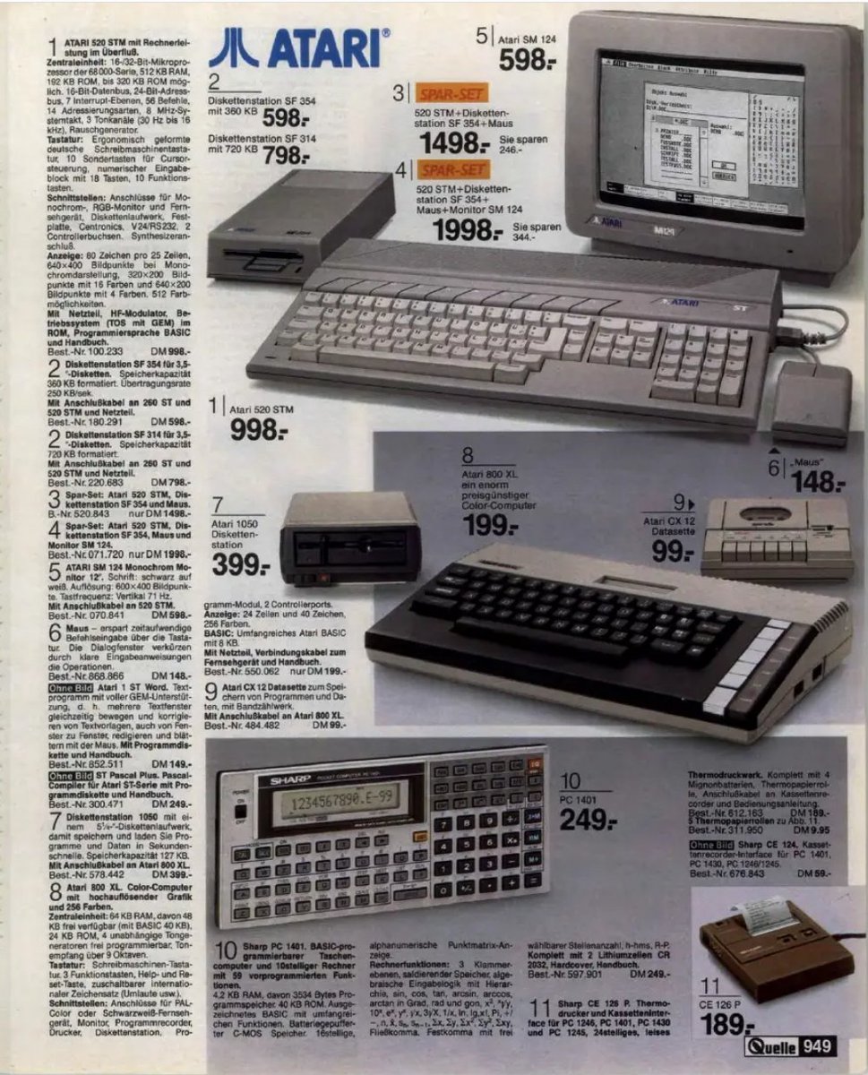 Retrojournal_de's tweet image. Quelle-Katalog 86/87 – Atari-Zeit.

💻Atari 520 ST: 998 DM
🖥️SM124 Monitor: 598 DM
💾SF354 Diskettenstation: 598 DM
🖱️Maus: 148 DM
Und der Atari 800 XL als „preisgünstiger Color-Computer“ für 199 DM.
So sah der Computerhandel Mitte der 80er aus.
#AtariST #Atari800XL #80er