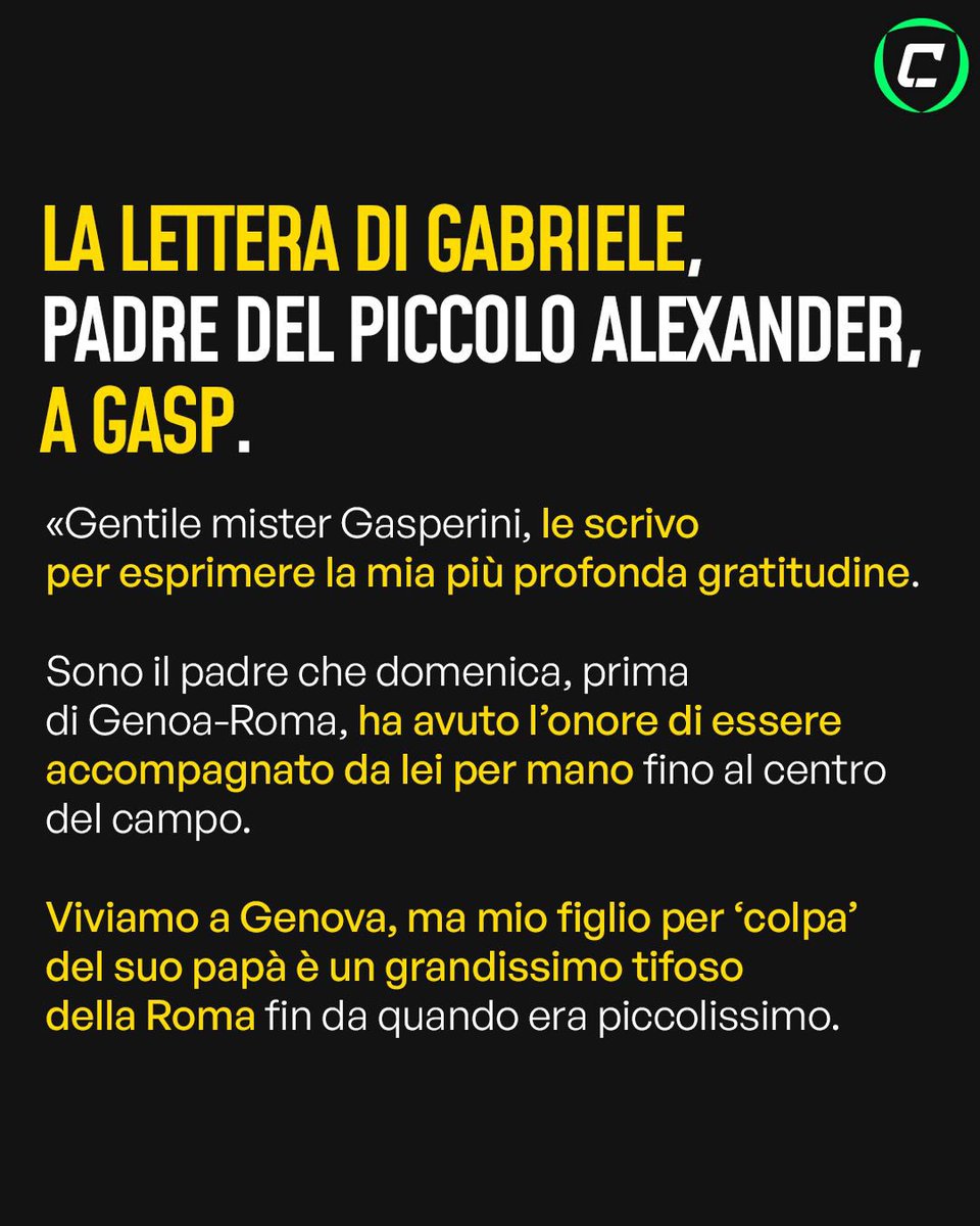 CronacheTweet's tweet photo. #Gasperini aveva sorpreso tutti nel pre di #Genoa-Roma entrando in campo tenendo per mano uno dei bambini che solitamente accompagnano arbitri e calciatori.

Un gesto che non è minimamente passato inosservato e a distanza di pochi giorni il padre del piccolo Alexander, Gabriele, ha voluto ringraziare l’allenatore con una lettera speciale e una promessa: vedere la #Roma dal vivo nella prossima stagione 🫂🏟️