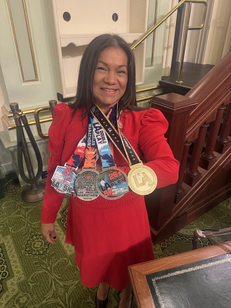 Letici_Castillo's tweet photo. Yesterday for #MedalMonday I wore my medals on the CA State Assembly floor during our session. #LAM #LosAngelesMarathon #LAMarathon #LALoyal https://t.co/S3dTdvI7dN