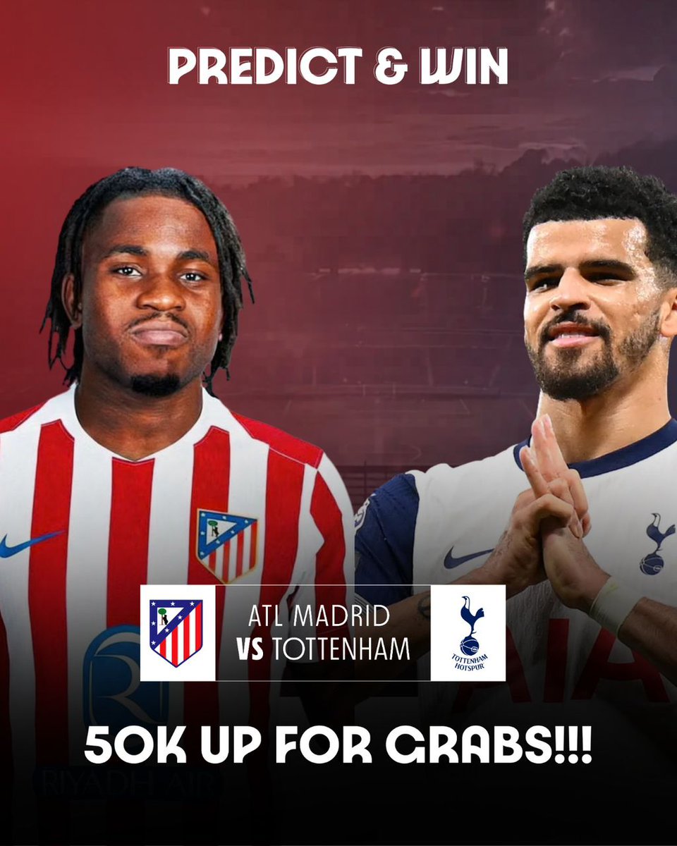 All Madrid vs Tottenham 

₦10,000 each to 5 lucky winners who predict the CORRECT SCORE. 

Rules to win: 
- Follow my friends <a href="/creatourban/">Creato Urban (formerly Modion Communications)</a> &amp; <a href="/emplenigeria/">emPLE Nigeria</a> 
- Comment your predictions with the screenshot. 

*Please Note:* Predictions end at kick off. Winners will be selected at