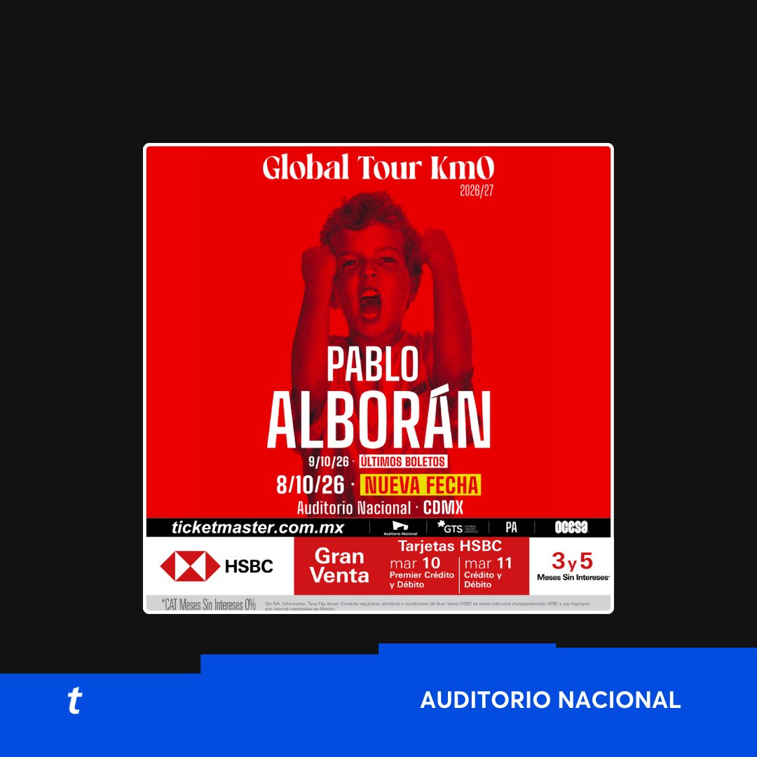 El Global Tour Kmo de <a href="/pabloalboran/">Pablo Alborán</a> nos brindará una SEGUNDA FECHA este 8 de octubre en el <a href="/AuditorioMx/">Auditorio Nacional</a> ❤️‍🔥🎙️⁣⁣
⁣⁣
Con la #GranVentaHSBC compra tus 🎟️🎟️ aquí 👇⁣⁣
tkmx.link/PabloAlboranTW⁣⁣
⁣⁣
Recuerda acceder a la Gran Venta HSBC con el código que recibiste por correo