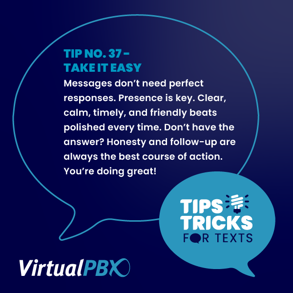 VirtualPBX's tweet photo. Texting customers shouldn't feel intimidating or overwhelming. Try not to overthink it. Here's how 👇

Want more simple tips to communicate your messaging clearly? We've got a toolkit for that:  

#VirtualPBXTextTip
#VirtualText
#TextingToolkit https://t.co/XIsJiqPFlV