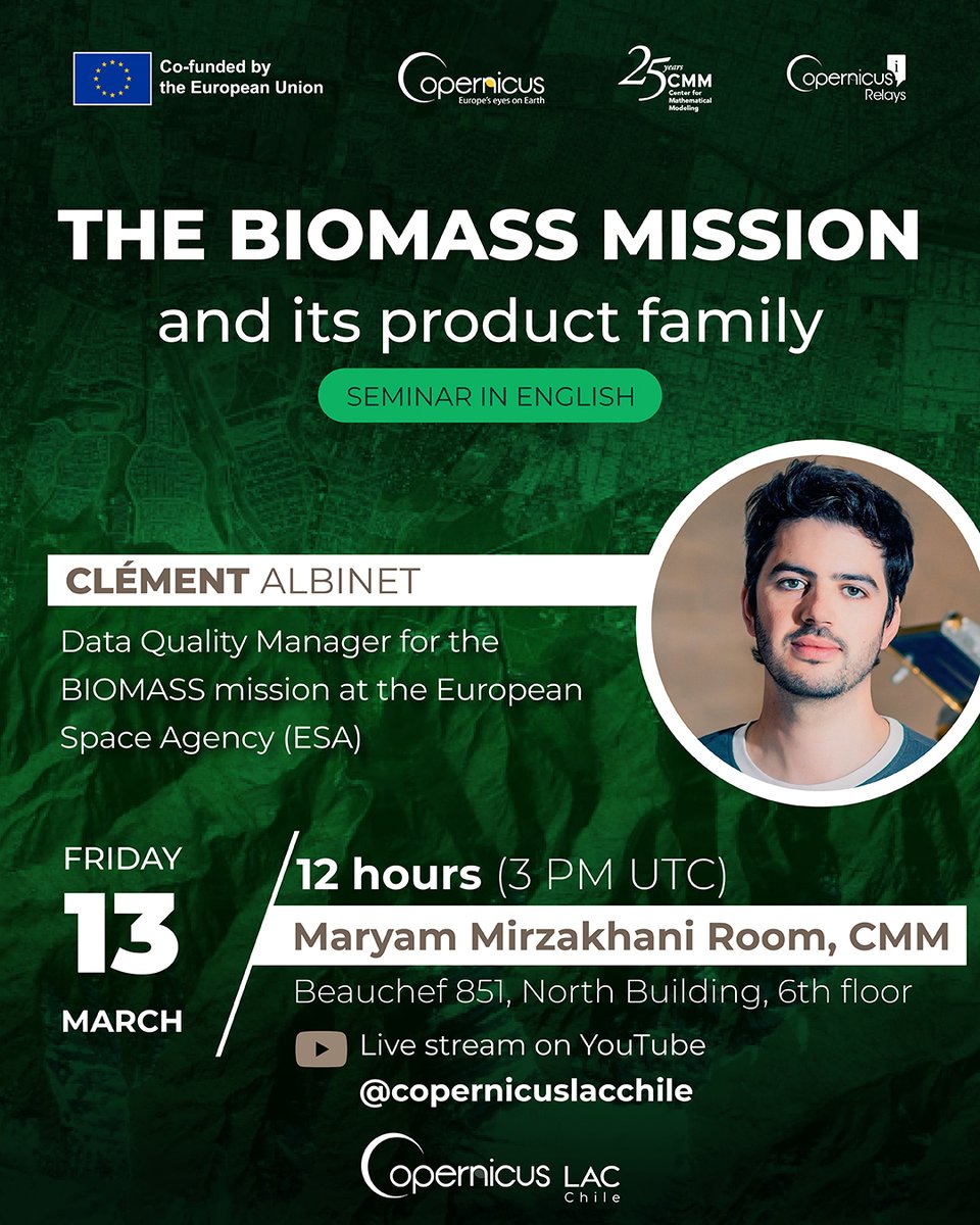 CopernicusLACCL's tweet photo. 📚 𝗖𝗼𝗽𝗲𝗿𝗻𝗶𝗰𝘂𝘀𝗟𝗔𝗖 𝗖𝗵𝗶𝗹𝗲 𝗦𝗲𝗺𝗶𝗻𝗮𝗿: "The BIOMASS mission status and product family"

• 𝗙𝗿𝗶𝗱𝗮𝘆 𝟭𝟯 𝗝𝗮𝗻𝘂𝗮𝗿𝘆 | 12:00 pm (3 PM UTC)
• 𝗟𝗶𝘃𝗲 𝗼𝗻 𝗬𝗼𝘂𝗧𝘂𝗯𝗲

#CopernicusLAC #Biomass #ESA https://t.co/uhB0WJTZAG