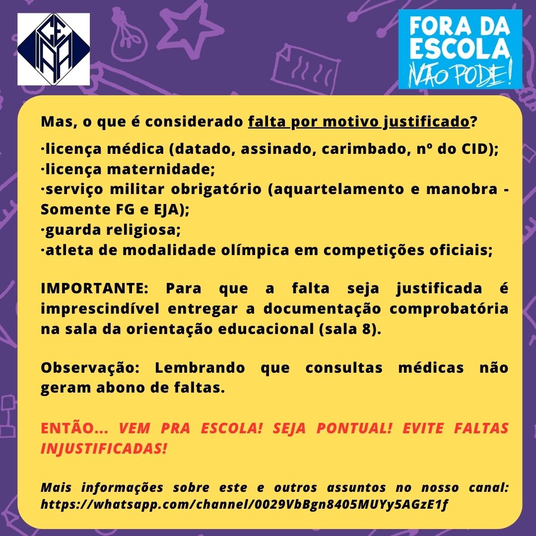 CEIAAOficial's tweet photo. Orientação Educacional em Ação:
Reforçando instruções fornecidas nas reuniões do início do ano letivo: SOBRE FREQUÊNCIA ESCOLAR
Mais informações sobre este e outros assuntos no nosso canal no WhasApp: https://t.co/1lEFO41Mz7 https://t.co/heQsDt18uz