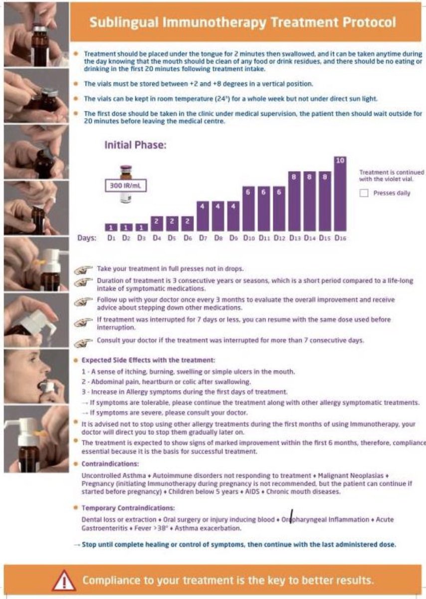 Banitoto's tweet photo. دواء (Staloral)💊 يُستخدم لعلاج الحساسية بطريقة العلاج المناعي (Allergen Immunotherapy)
و هو محلول يوضع تحت اللسان (Sublingual drops) و يحتوي على كميات من مسببات الحساسية، ويُستخدم لتدريب جهاز المناعة على تحمل هذه المواد بدل أن يبالغ في رد الفعل تجاهها.

كيف يعمل؟ الفكرة تشبه اللقاح ولكن للحساسية حيث يتم إعطاء جرعات صغيرة جدًا من المادة المسببة للحساسية و مع الوقت يتعود جهاز المناعة عليها و يقل إفراز الهيستامين والتفاعل التحسسي،و والنتيجة تقليل الأعراض و تقليل الحاجة لأدوية الحساسية.

في دواء (Staloral)💊 الألوان على القوارير ليست عشوائية، بل تدل على تركيز المادة المسببة للحساسية (Allergen extract concentration)، وهذا مهم لأن العلاج المناعي للحساسية يعتمد على زيادة الجرعة تدريجيًا.

1- اللي لونها أزرق 💙 هذي عادة تركيز منخفض و يُستخدم غالبًا في مرحلة البداية (Build-up phase)و الهدف تعويد الجهاز المناعي تدريجيًا على المادة المسببة للحساسية.

2- أما اللي لونها أحمر ���️ و موف 💜 هذي تستخدم في المرحلة القادمة وهي المرحلة الداعمة (Maintenance) ولكن الفرق في اللون يكون حسب مسبب الحساسية و التركيز.

شركة (Stallergenes) تنتج Staloral بأنواع كثيرة، لذلك اللون قد يدل أحيانًا على نوع المزيج التحسسي وأحيانًا على تركيز الجرعة داخل نفس النوع لذلك أهم شيء دائمًا هو قراءة اسم (allergen) على العلبة وليس اللون فقط.

اللي في الصور هذي ملخص اللي موجود و مسجل في السعودية 🇸🇦💊