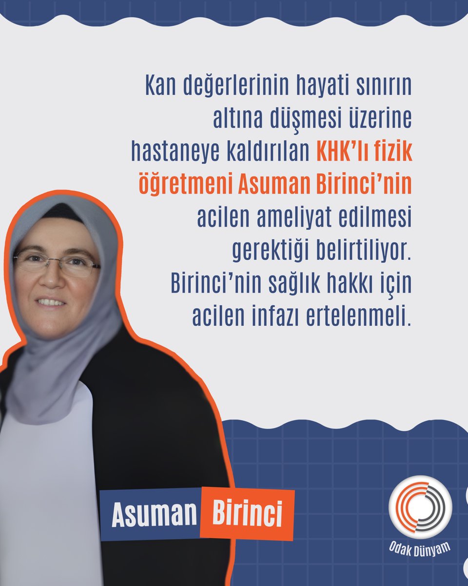 KHK’lı fizik öğretmeni
Asuman Birinci
Kan değerlerinin hayati seviyenin altına düşmesi üzerine hastaneye kaldırıldı
Acilen ameliyat edilmesi gerektiği belirtiliyor
C.evinde ne işi var

#GSvLIV
AsumanBirinciye Özgürlük