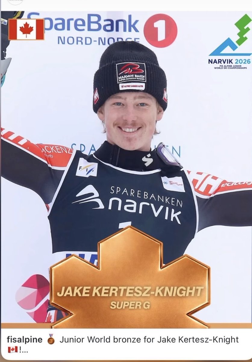 We are so proud of Jake Kertesz-Knight from Jasper, Alberta 🇨🇦for his Super G Bronze🥉medal at the 2026 FIS Alpine Junior World Ski Championships in Narvik 🇳🇴 #fisjuniorworlds #narvik2026 #fisalpine #CANskiteam <a href="/MarmotBasin/">Marmot Basin</a>