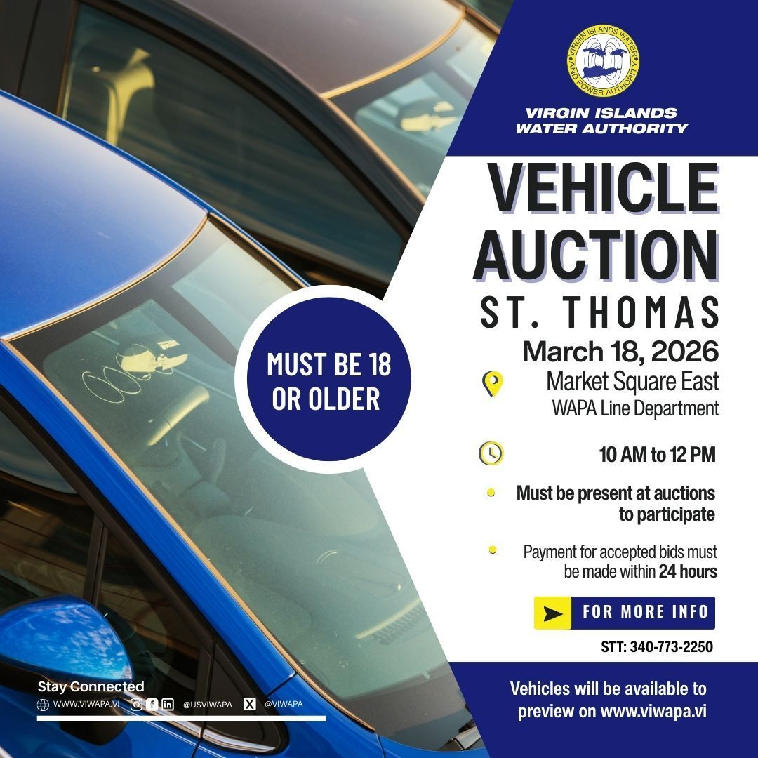 VIWAPA's tweet image. Check out 🚗 WAPA's Public Vehicle Auction on St. Thomas!

📅 March 18, 🕙 10 AM – 12 PM  
📍 Market Square East  

Various vehicles available, ideal for repairs or parts. More info soon.

#VIWAPA #USVI #Auction #CarAuction