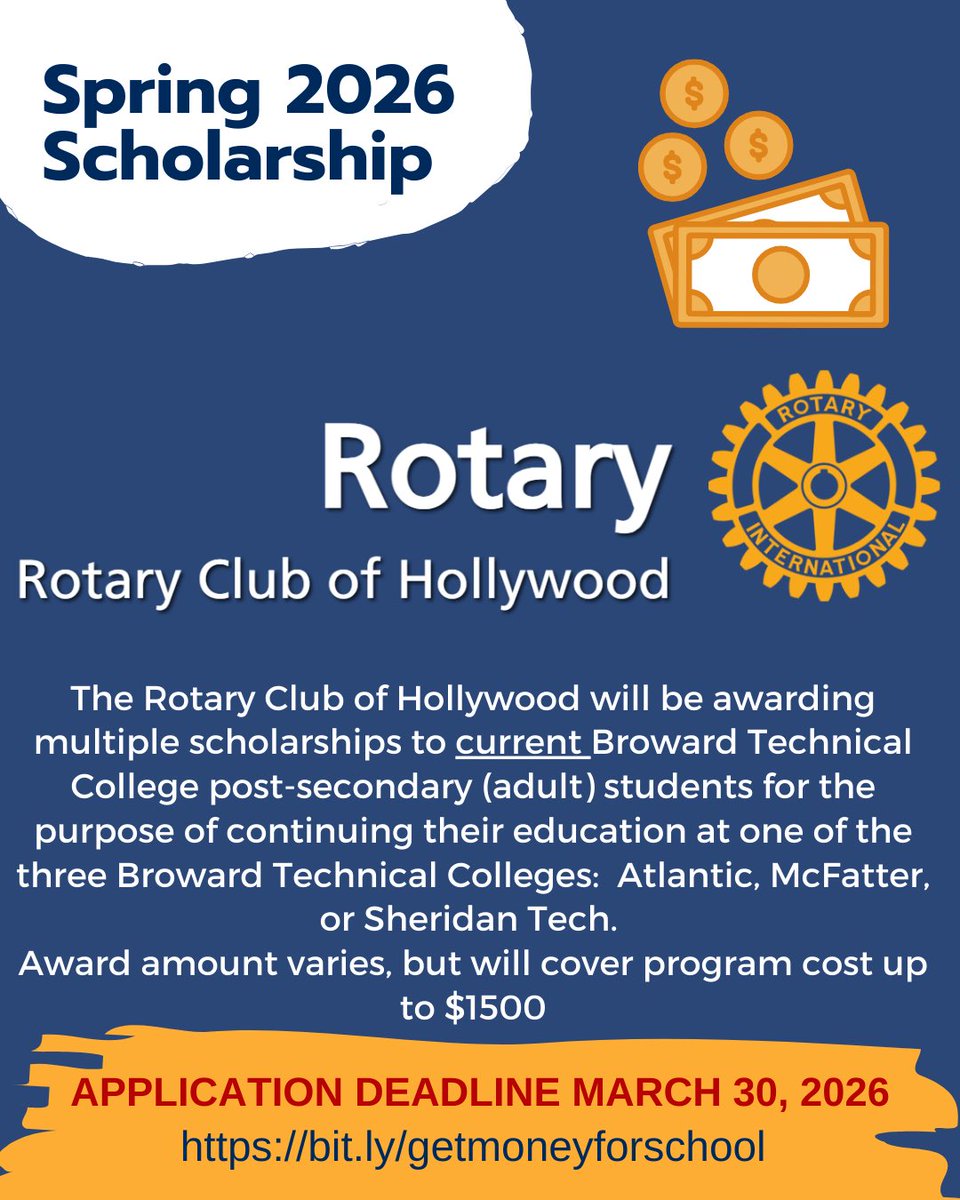 McFatter_Tech's tweet image. We are excited to announce this scholarship from the Rotary Club of Hollywood FL. Multiple scholarships will be awarded to pay up to $1500 for tuition for current students. Deadline is March 30, 2026. 
#scholarship #rotaryhollywoodfl #workforceeducation 
🔗bit.ly/getmoneyforsch…