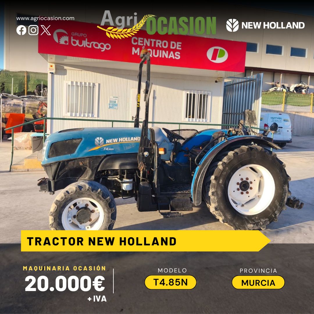 agriocasion's tweet image. @SaGrupobuitrago vende tractor agrícola New Holland modelo T4.85N

✅ Buen estado
🏷️ Precio: 20.000€ (IVA no incluido)
➡️ Más información en agriocasion.com/tractores-agri…

#Tractor #newholland #MaquinariaOcasion #MaquinariaAgrícola #murcia #Agriocasion #Ocasión #OcasiónAgrícola