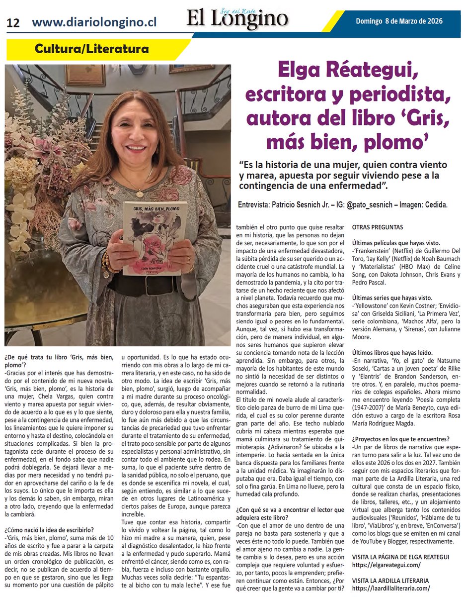 Comparto con ustedes la entrevista que me ha hecho Patricio Sesnich Jr. para el diario El Longino de Chile.
#entrevista #escritora #libro #narrativa #periodista #literatura  #cultura