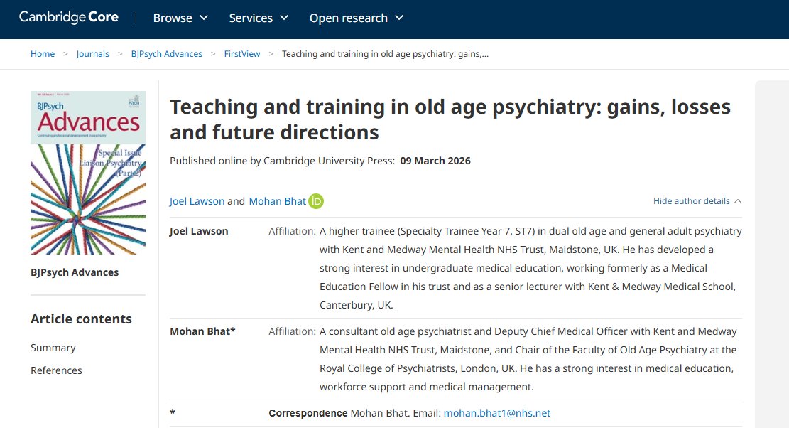 KMMHMedEdu's tweet photo. Huge congratulations to Dr Joel Lawson & Dr @mohanbhat101 on their publication in @BJPsych Advances! 🎓
"Teaching and training in old age psychiatry: gains, losses and future directions" 🧠
Read it here: https://t.co/A6ybqPiiQt
#Psychiatry #MedEd #OldAgePsychiatry #BJPsych https://t.co/wRJhiYeWtG