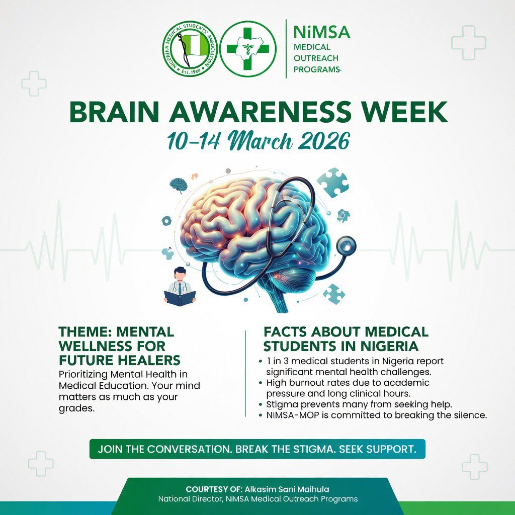 NiMSAOutreaches's tweet photo. 🧠 Theme: Mental Wellness for Future Healers
 *In recognition of Brain Awareness Week, this theme highlights the importance of protecting the mental health of students and future healthcare professionals.* https://t.co/Fm4kmnA5NC