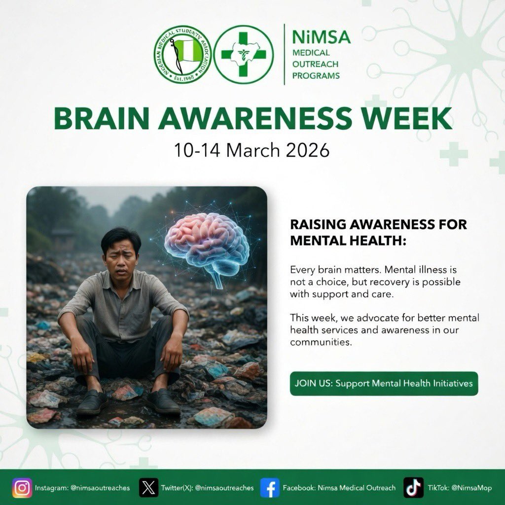 NiMSAOutreaches's tweet photo. 🧠 Theme: Mental Wellness for Future Healers
 *In recognition of Brain Awareness Week, this theme highlights the importance of protecting the mental health of students and future healthcare professionals.* https://t.co/Fm4kmnA5NC