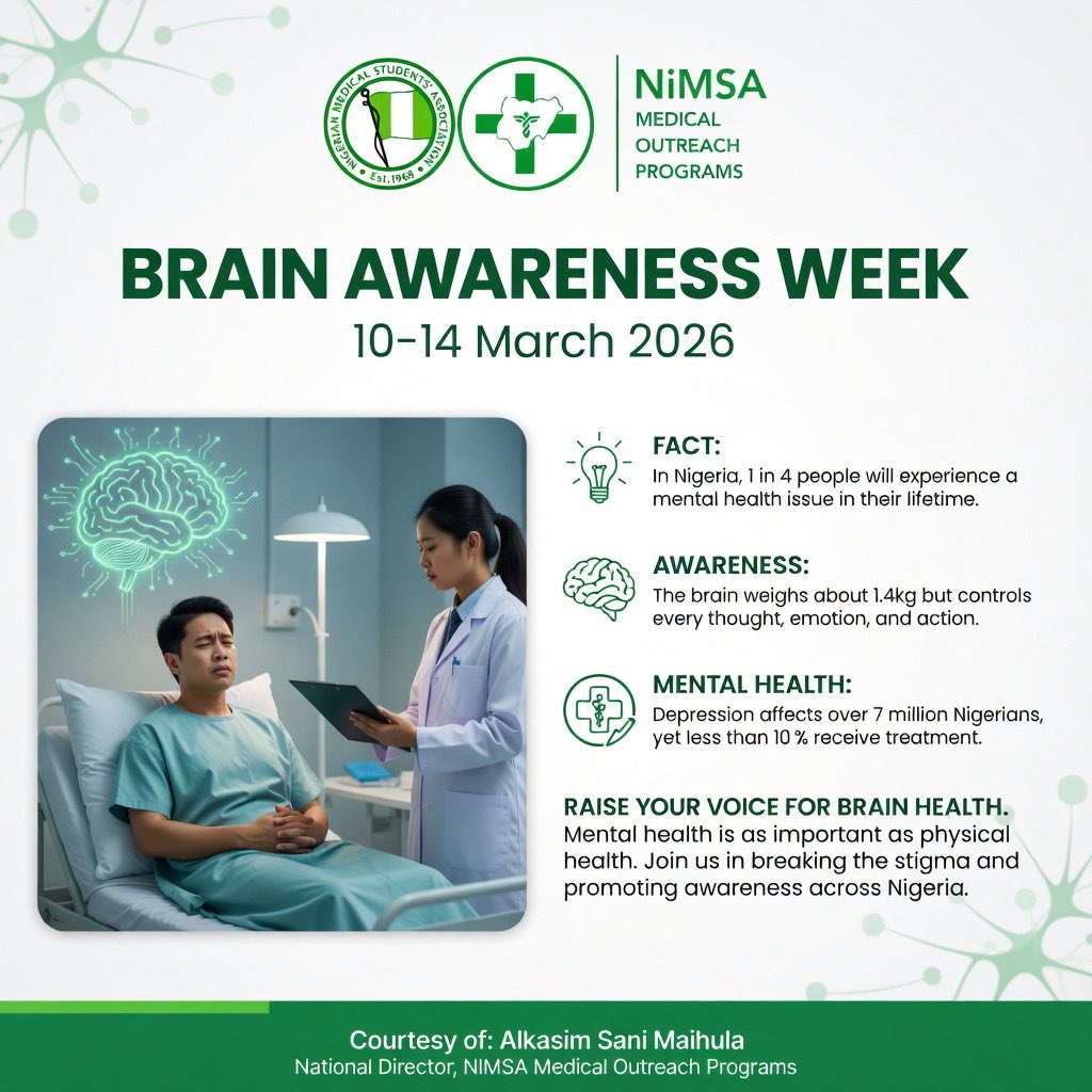 NiMSAOutreaches's tweet photo. 🧠 Theme: Mental Wellness for Future Healers
 *In recognition of Brain Awareness Week, this theme highlights the importance of protecting the mental health of students and future healthcare professionals.* https://t.co/Fm4kmnA5NC