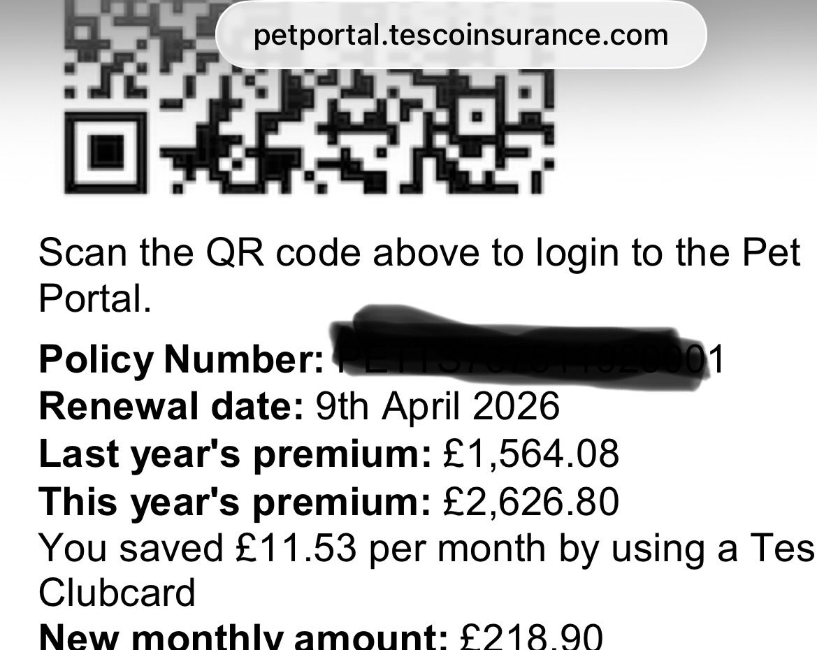 nogger250's tweet photo. @Tesco how can you do this. My mum is a pensioner and trying to g to make sure her  dog is covered and you increase it. Y this much. https://t.co/Z7GJWWueeJ