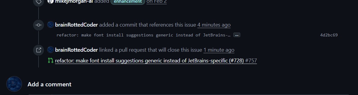 ShubhVarsh89180's tweet photo. 🚀 Just submitted my first open-source PR!

Refactored font validation in CX Terminal (Rust) — replaced hardcoded install suggestions with dynamic, platform-aware ones for 7+ popular fonts.

Small fix, big feeling. The journey begins ✨

#opensource #rust #firstPR #github https://t.co/GsCYRzrEse