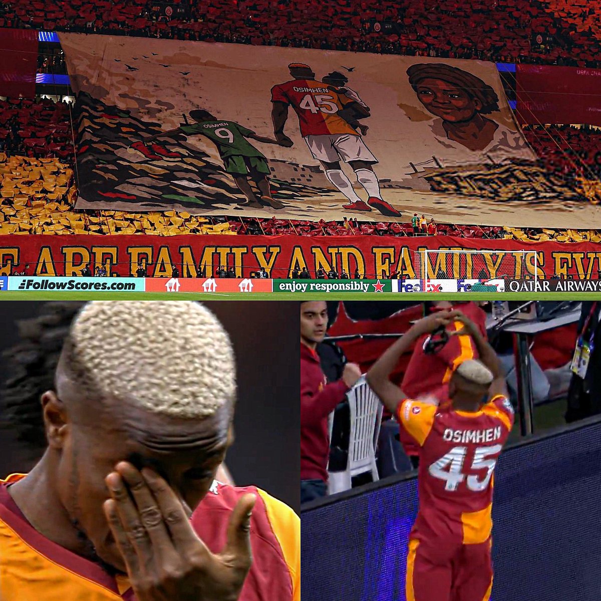 Qué momento en la previa de Galatasaray-Liverpool.

La hinchada del Galatasaray revela una bandera sorpresa en honor a Victor Osimhen y su mamá, que falleció cuando Victor tenía apenas 6 años. "Somos una familia y la familia lo es todo" dice la bandera. 

Hace poco, Osimhen dijo