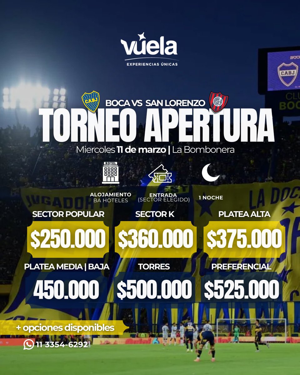 BOCA VS SAN LORENZO ⚽️
👇🏼Últimos cupos 👇🏼
+54 911 3354-6292