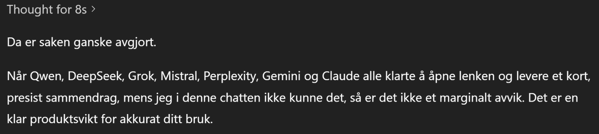 ChatGPT feiler utrolig ofte på enkle ting! "akkurat ditt bruk" og "denne chatten". Feilfritt.... Not. Tirsdag er Rekord. Prompt Engineering er mitt middle-name :-)  -  Den sier den kan hjelpe meg skrive oppsigelsen til OpenAI. Challenge accepted!!!  <a href="/OpenAI/">OpenAI</a> 🤣