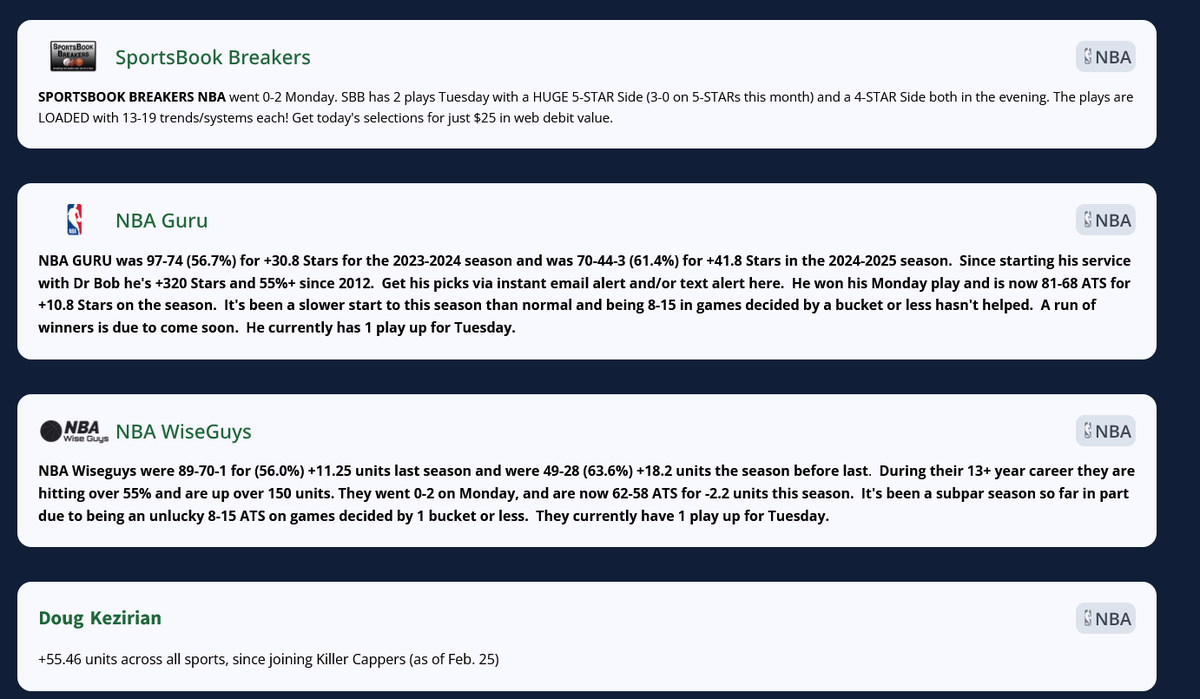 KillerCappers's tweet photo. 5-STAR Alert! 

SportsBook Breakers has won all 3 of its 5-STAR plays over the last month and has another in the NBA tonight with a Side and the writeup includes 19 trends/systems! 

Find all our handicappers NBA selections here!
https://t.co/UdC0uk4Jzc https://t.co/VSXjZU3dXM