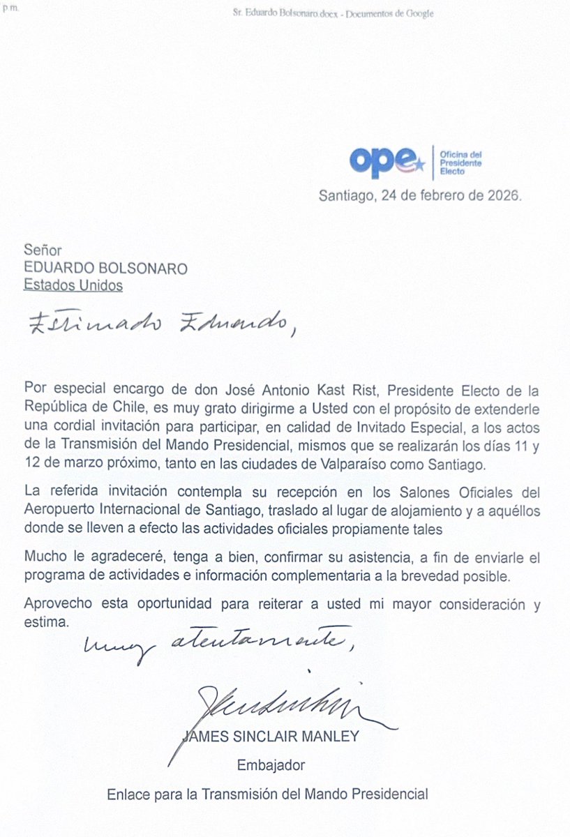 🇨🇱 Agradeço ao Presidente eleito <a href="/joseantoniokast/">José Antonio Kast Rist 🖐️🇨🇱</a> pelo honroso convite para sua cerimônia de posse. Infelizmente, apesar do meu sincero desejo de estar presente, encontro-me impedido de participar desta ocasião tão importante para o Chile e o Brasil.

Fico especialmente feliz em
