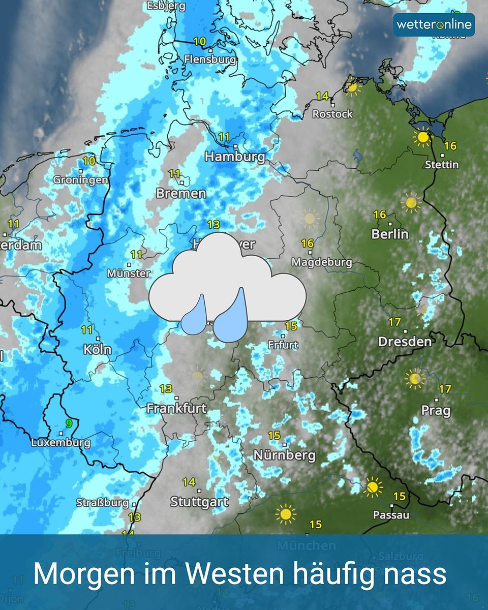 WetterOnline's tweet image. 🌧️ Regenfront zieht auf!
Morgen wird es im Westen häufig nass, später auch im Osten Schauer und einzelne Gewitter. ⛈️ 
👉️  to.wetteronline.de/morgen-im-west… 

#Regen #Wetter #Deutschland #Vorhersage
