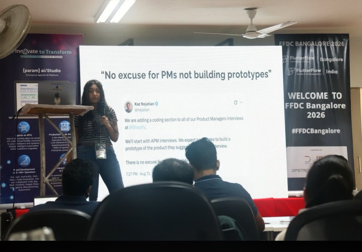 pooja_bhaumik's tweet photo. If the answer to agentic design is just “prompt Claude for a better UI”, I think we’re missing the point. 

Design should be visual, without losing the editing control. 

That’s why I like where @flutterflow Designer is heading; iterating visually with an agent then sending the generated UI JSON to Claude Code to regenerate into code. 

📷 from my talk this weekend on “Rethinking Product Design in Agentic Era”