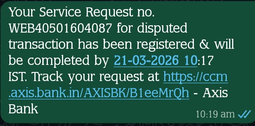 dassaurab's tweet photo. @AxisBankSupport I transferred Rs. 14000 on 1st Mar 2026, amount deducted but status is still pending. It's been 10 days with no resolution. Please resolve urgently. Complaint Reference showing closed but not resolved yet.
@AxisBank @RBI https://t.co/3QZityBMon