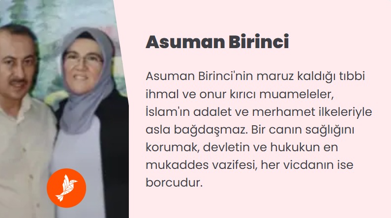 21 aydır cezaevinde olan fizik öğretmeni Asuman Birinci hakkında uzmanlar hayati risk uyarısı yapıyor. Buna rağmen tahliye edilmemesi adalet duygusunu zedeliyor. Hukukun görevi cezalandırmak değil, aynı zamanda insan hayatını korumaktır. AsumanBirinciye Özgürlük ...