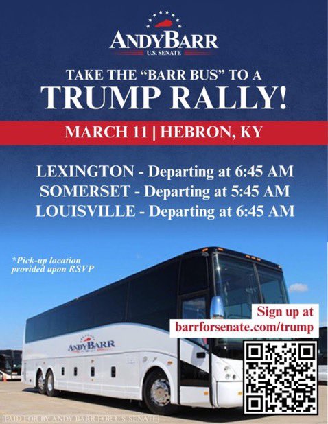 Thomas Massie blacked out “Barr Bus” and the “Barr for Senate” logo to push the false claim that President Trump is paying people to show up at his anti-Massie rally tomorrow.

In reality, Kentucky United States Senate candidate and current Congressman Andy Barr is using ride