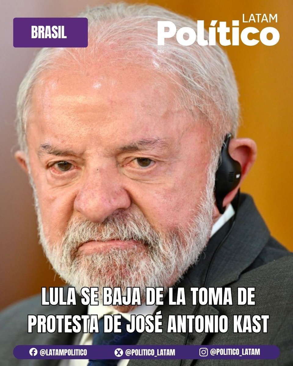 🇨🇱❌Lula cancela su asistencia al cambio de mando en Chile

La toma de posesión de <a href="/joseantoniokast/">José Antonio Kast Rist 🖐️🇨🇱</a> en Chile ya empieza a generar señales políticas en la región. El presidente de Brasil, <a href="/LulaOficial/">Lula</a>, canceló su asistencia al cambio de mando que se realizará este 11 de marzo en