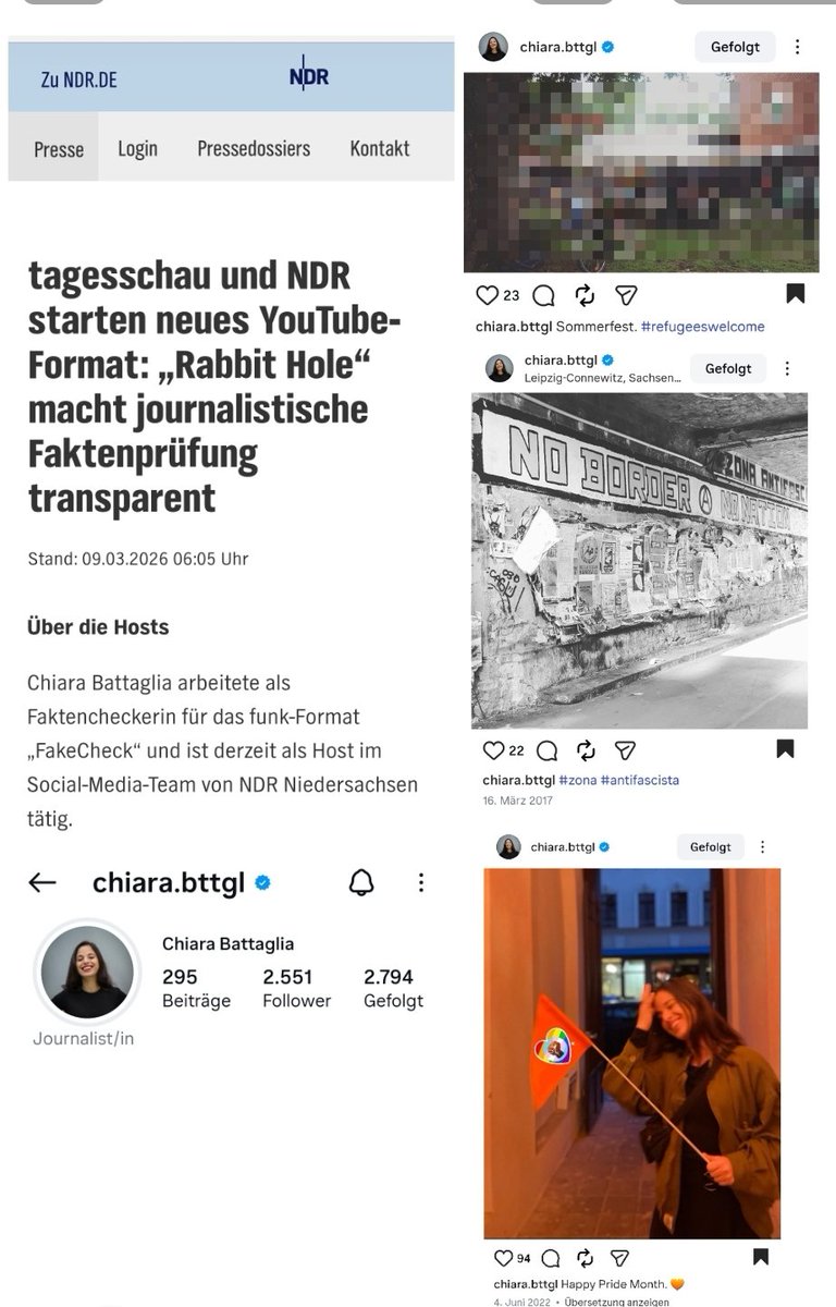 Chiara Battaglia arbeitet für das neue Tagesschau und NDR Faktencheck Format "Rabbit Hole":
- Die Faktencheckerin ist für "Refugees Welcome"
- Aus der Antifa Hochburg Leipzig-Connewitz postete sie ein Foto mit "No Border - No Nation" und verwendete dabei die linksradrikale Parole