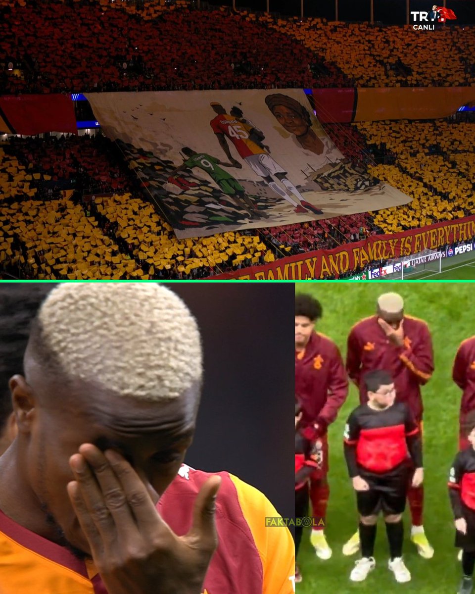 Victor Osimhen nampak nampak terharu saat supporter Galatasaray membuat tifo spesial untuknya &amp; sang Ibu, sebelum kick-off lawan Liverpool. ❤️💛