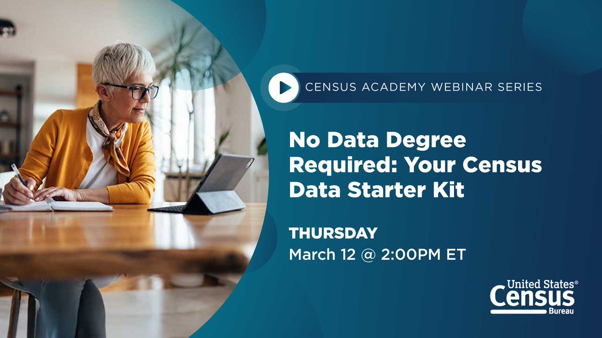 uscensusbureau's tweet photo. New to #CensusData?

This beginner-friendly webinar introduces four #DataTools that do the heavy lifting for you. We'll show you how to find trustworthy statistics and use them with confidence. 

Block your calendar for Thursday.
https://t.co/2Pq0HSpK1o https://t.co/9XVSdHcQK8