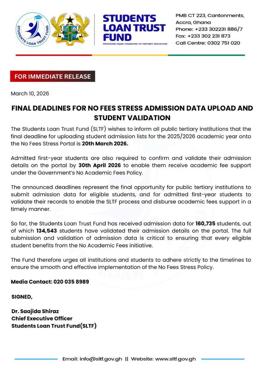 TG_DERY's tweet photo. Final Deadlines Announced for No Fees Stress Admission Data Upload and Student Validation…#NoFeesStress https://t.co/gcxBM141NL