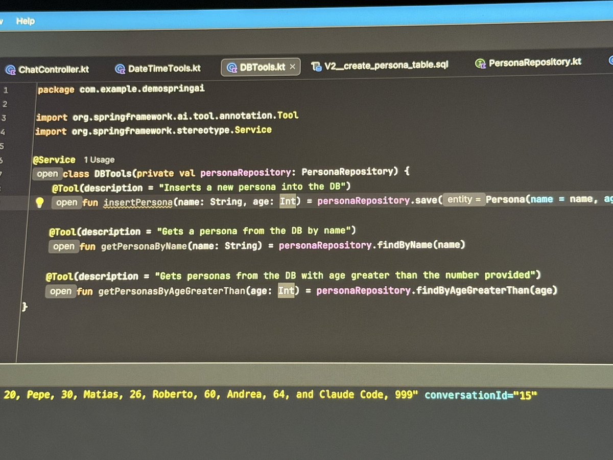 datmatidev's tweet photo. Today I inferenced AWS Bedrock with Spring AI, connected it to a PostgreSQL DB, created tools to let AI interact with the DB, and dockerized the app.

Spring AI is the new Spring offering that allows you to connect to any model provider, embedding, add tools seamlessly, and even manages memory and trims messages to handle the context!

It also integrates seamlessly with PostgreSQL, allowing you to save all messages inside your DB without too much effort.

This app I did allows the Bedrock model to create personas and query them, as well as get current UTC time statically.

A really nice tool! Like LangChain but for Spring!