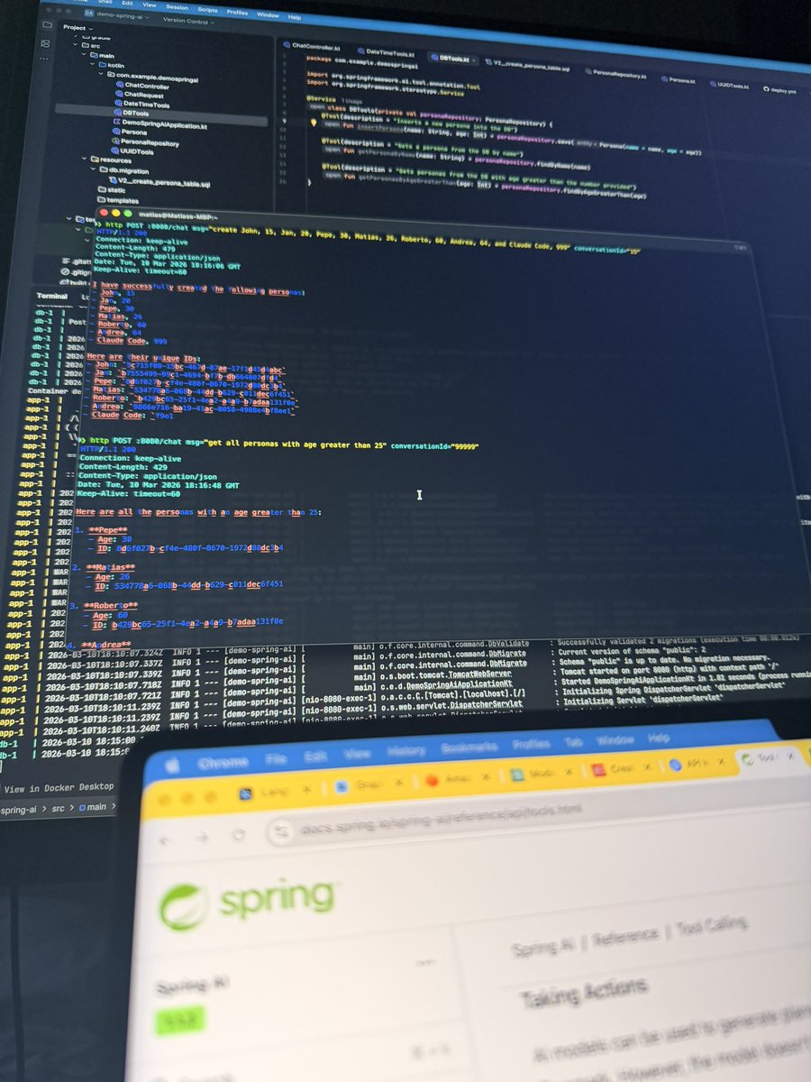 datmatidev's tweet photo. Today I inferenced AWS Bedrock with Spring AI, connected it to a PostgreSQL DB, created tools to let AI interact with the DB, and dockerized the app.

Spring AI is the new Spring offering that allows you to connect to any model provider, embedding, add tools seamlessly, and even manages memory and trims messages to handle the context!

It also integrates seamlessly with PostgreSQL, allowing you to save all messages inside your DB without too much effort.

This app I did allows the Bedrock model to create personas and query them, as well as get current UTC time statically.

A really nice tool! Like LangChain but for Spring!