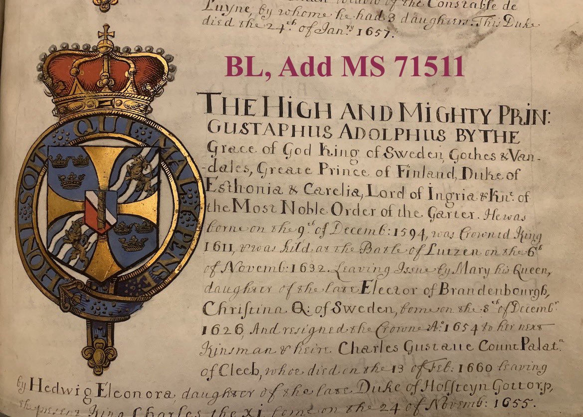 NatisArms's tweet photo. The arms of the "the Lion from the North", Gustavus Adolphus by the Grace of God King of #Sweden, Gothes & Vandales, Great Prince of #Finland, Duke of #Estonia & Karelia, Lord of Ingria & Knight of the Most Noble #OrderoftheGarter.
BL, Add MS71511 #heraldry #17thC https://t.co/qBVOZeIPrm