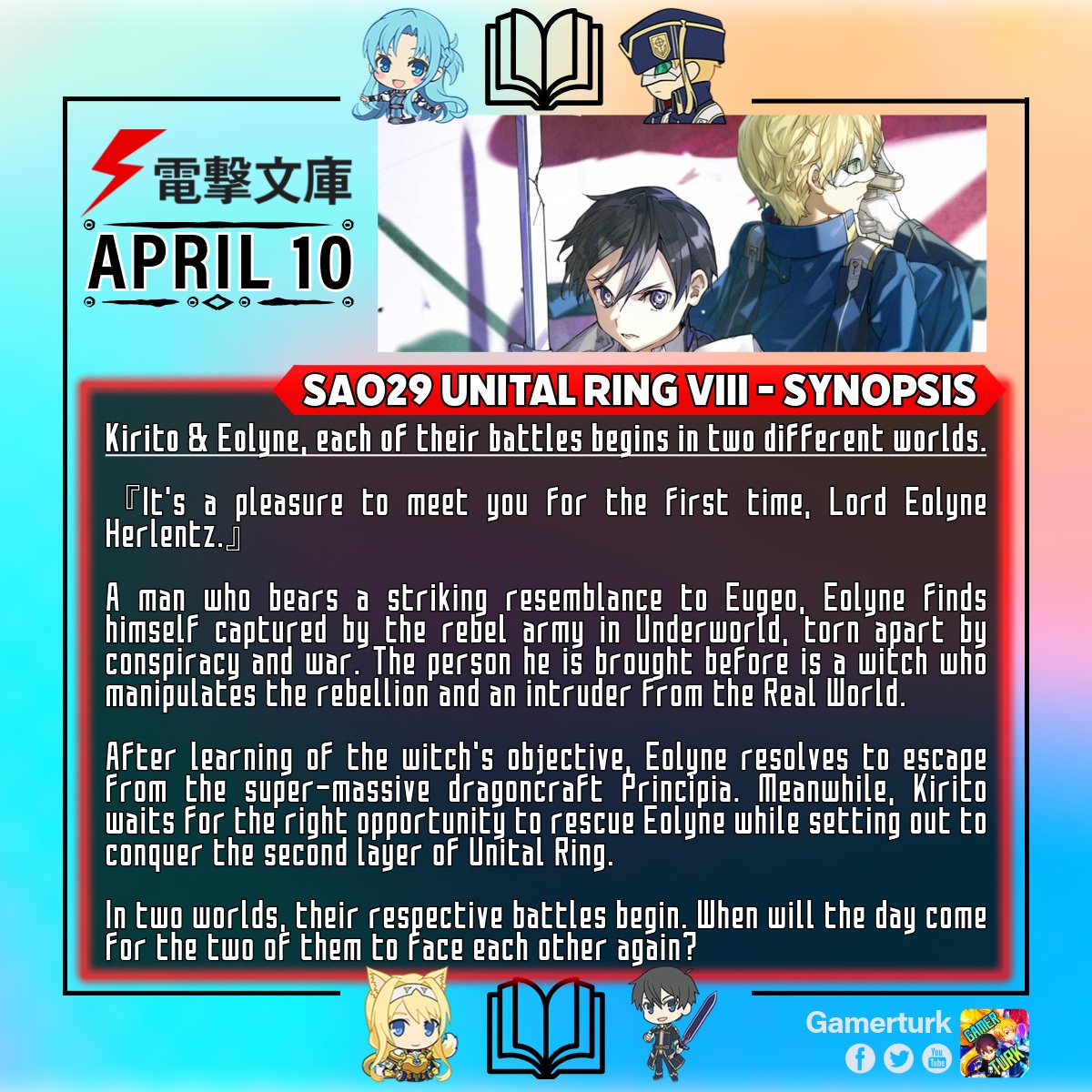 gamerturk95's tweet photo. 『SAO29 SYNOPSIS UPDATE』
Following the cover update from yesterday, the synopsis for #SwordArtOnline v29 Unital Ring VIII has been updated today.
Two separate wars are brewing in Unital Ring and Underworld respectively.
#sao_anime #anime #SAOUR https://t.co/c1pX05b63I