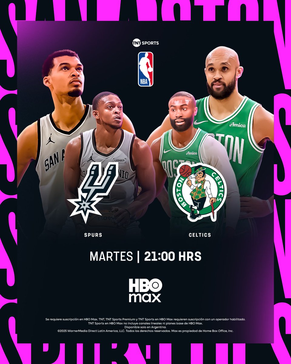 🏀 #NBA | <a href="/celtics/">Boston Celtics</a> (#DifferentHere) vs. <a href="/spurs/">San Antonio Spurs</a> (#PorVida)
🎙 Relator: <a href="/javsabath/">Javier Sabath</a>
🎙 Comentaristas: <a href="/cabezadelfino/">Carlos Delfino</a> - <a href="/carlh1107/">Carl V. Herrera</a>
📺 <a href="/TNTSportsCL/">TNT Sports Chile</a>
21:00 🇦🇷🇺🇾🇵🇾🇨🇱
20:00 🇧🇴🇻🇪🇩🇴
19:00 🇨🇴🇵🇪🇪🇨🇵🇦
18:00 🇳🇮🇬🇹🇸🇻🇨🇷🇭🇳
💻📱 <a href="/StreamMaxLA/">HBO Max Latinoamérica</a>
🤳 #NBAxTNTSports - #NBAx
Dale RT 🔃