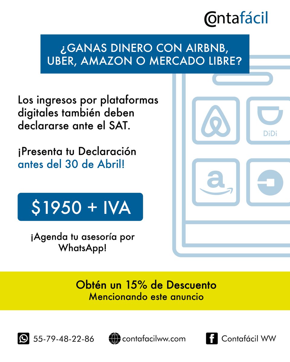 Si generas ingresos a partir de Airbnb, Uber, Rappi, Didi, Amazon, Mercado Libre, etc; recuerda que tienes que presentar tu declaración anual. ¡Nuestros especialistas pueden asesorarte!
#fiscal #personafisica #declaracion #delivery