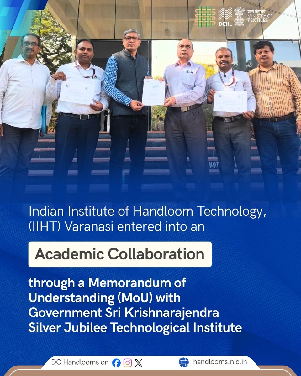 dchandlooms01's tweet image. Indian Institute of Handloom Technology, (IIHT) Varanasi entered into an Academic Collaboration through a Memorandum of Understanding (MoU) with Government Sri Krishnarajendra Silver Jubilee Technological Institute.
#MoU #Handloom #academiccollaboration #university #collaboration