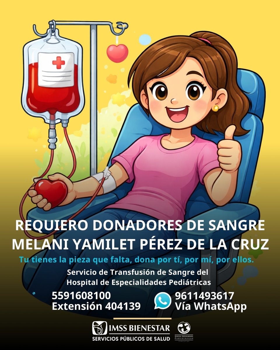 Al donar sangre y plaquetas puede salvar vidas, en esta ocasión hacer una gran diferencia en la recuperación de nuestra paciente Melani Yamilet Pérez de la Cruz.  
Comunícate al 5591608100 ext. 404139 o al 9611493617 vía WhatsApp. 
¡Gracias por considerar donar!