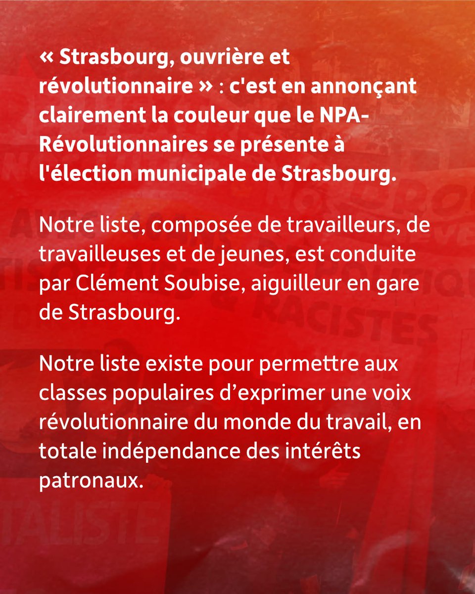 npa_revo_stras's tweet photo. Communiqué de notre liste « Strasbourg, ouvrière et révolutionnaire »
⠀
Voter et faites voter pour des révolutionnaires aux élections du 15 mars prochain ! 🚩 https://t.co/sEzBtxwD5h