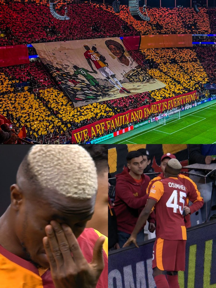 giraltpablo's tweet photo. Tremendo momento vivió Victor Osimhen en la previa de Galatasaray vs Liverpool.

Los hinchas desplegaron un mosaico sorpresa con la imagen de su madre, que falleció cuando él tenía 6 años.

❤️🥹 El delantero no pudo contener las lágrimas y se acercó hasta la tribuna para agradecer el gesto.