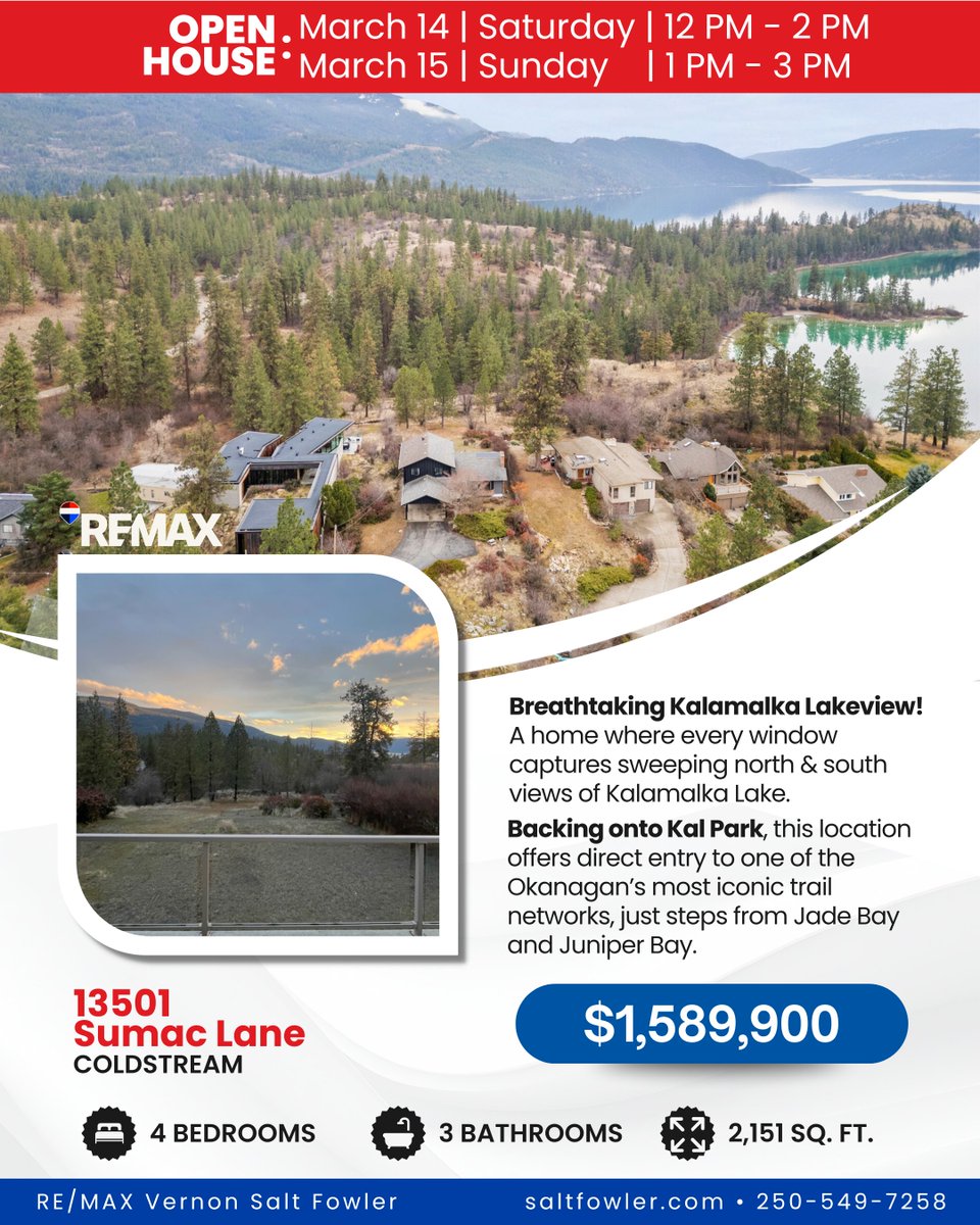 LisaSalt's tweet image. 🏡 Breathtaking Kalamalka Lakeview! A home where every window captures sweeping north &amp;amp; south views of Kalamalka Lake.

Backing onto Kal Park, this location offers direct entry to one of the Okanagan’s most iconic trail networks.

#JustAddSalt #SaltFowler #RemaxVernon #RealEstate