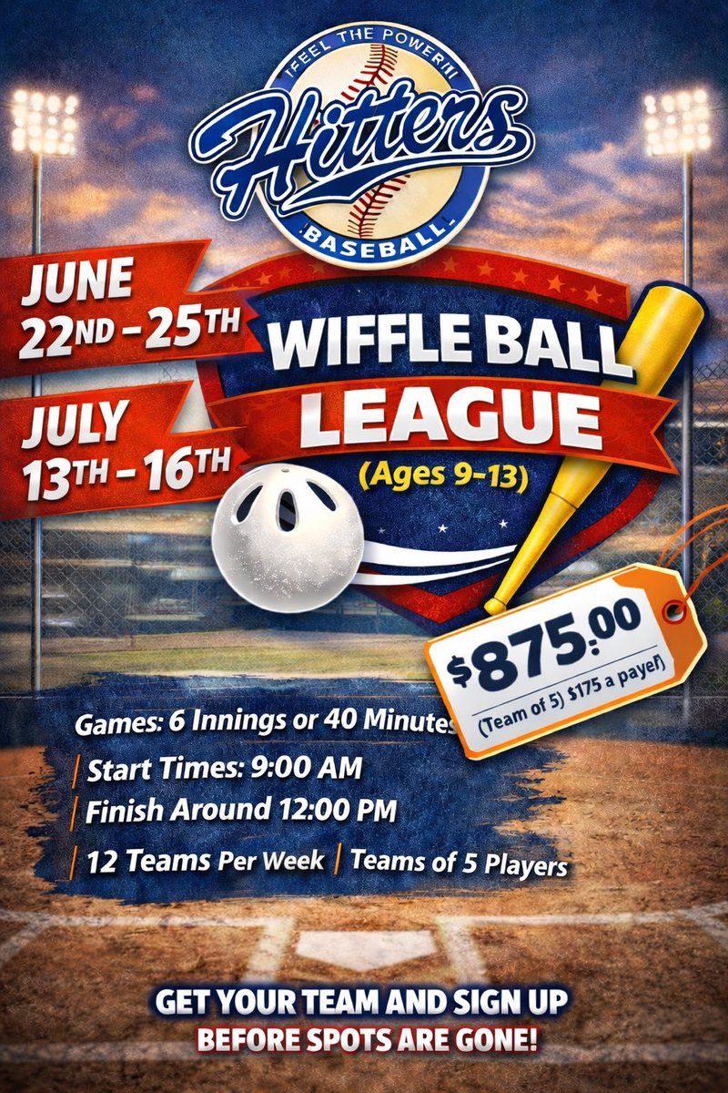 hittersbaseba11's tweet image. ⚾ NEW: Hitters Wiffle Ball League ⚾
Ages 9–13 | Teams of 5

📅 June 22–25 &amp;amp; July 13–16
🕘 9 AM – 12 PM
⚾ 6 innings / 40 min games
🏆 Thursday Playoffs

💲 $875/team ($175/player)
📩 andy@hittersbaseball.org

Limited spots!
#HittersBaseball #WiffleBall #SummerBall ⚾