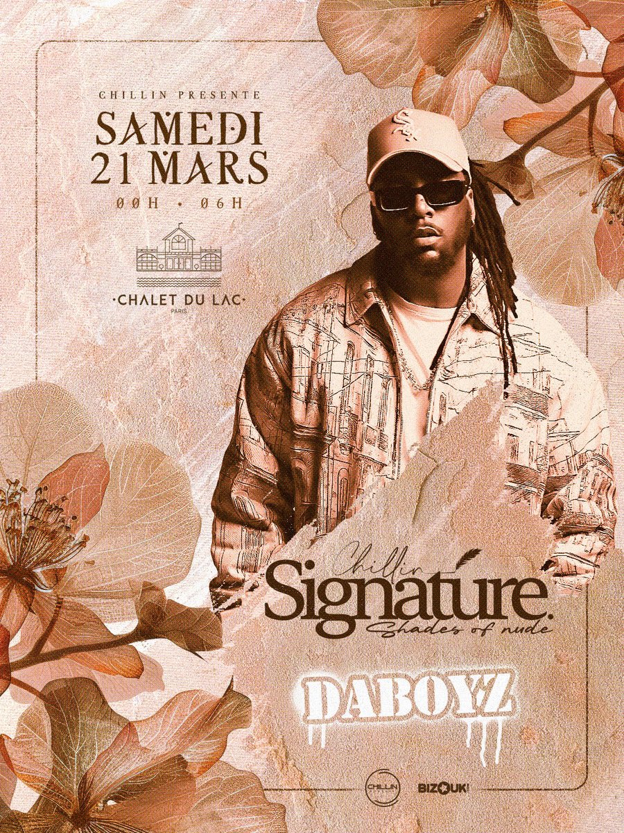 Retrouvez <a href="/DjDaboyz/">Dj Daboyz</a> dans le line up pour la 𝐒𝐢𝐠𝐧𝐚𝐭𝐮𝐫𝐞 “𝐒𝐡𝐚𝐝𝐞𝐬 𝐨𝐟 𝐧𝐮𝐝𝐞” 🤎

📆 Samedi 21 mars 2026.
⌚️ 23h → 05h
📍Chalet du lac

🎫 Préventes et tables disponibles sur Bizouk.
🔗 Lien billetterie 
my.bizouk.com/chillin-signat…