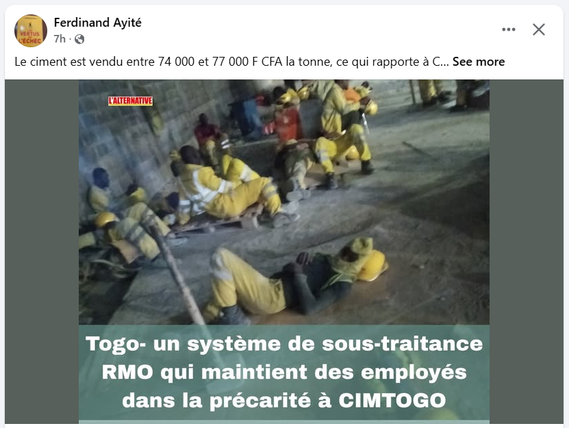 AblodeGbadja1's tweet photo. TOGO - Le ciment est vendu entre 74 000 et 77 000 F CFA la tonne, ce qui rapporte à CIMTOGO 1,48 à 1,54 milliard de F CFA par quinzaine.  « Nous, les travailleurs sous-traités, sommes payés à la tâche : 118 F CFA par tonne. Pour 20 000 tonnes, cela représente seulement 2 360 000 F CFA, à partager entre 92 travailleurs (23 par équipe) », regrettent les employés.